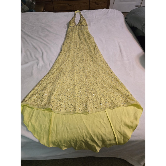 Nightway Collection NWT Yellow Beaded Halter Hi/lo Lined Formal Gown Ladies 10 - Picture 1 of 15